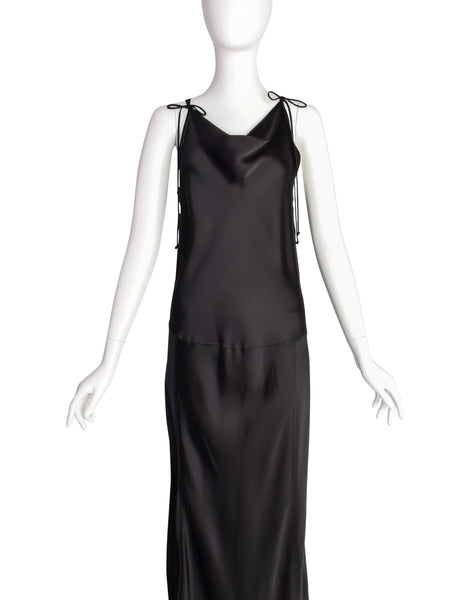 Donna Karan Vintage 1990s Black Bias Charmeuse Full Length Dress