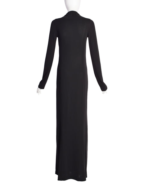 Donna Karan Vintage 1990s Black Rayon Jersey Body Con Dress Gown with Draping Neckline