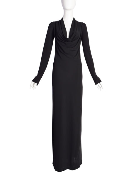 Donna Karan Vintage 1990s Black Rayon Jersey Body Con Dress Gown with Draping Neckline