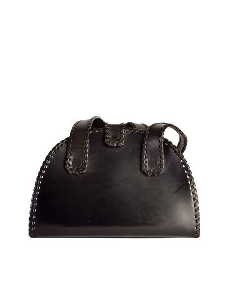 Donna Karan Vintage Rustic Structured Black Leather Whipstitch Shoulder Bag