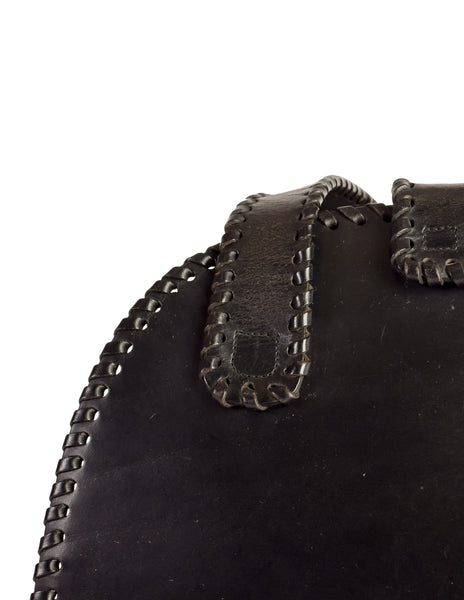 Donna Karan Vintage Rustic Structured Black Leather Whipstitch Shoulder Bag