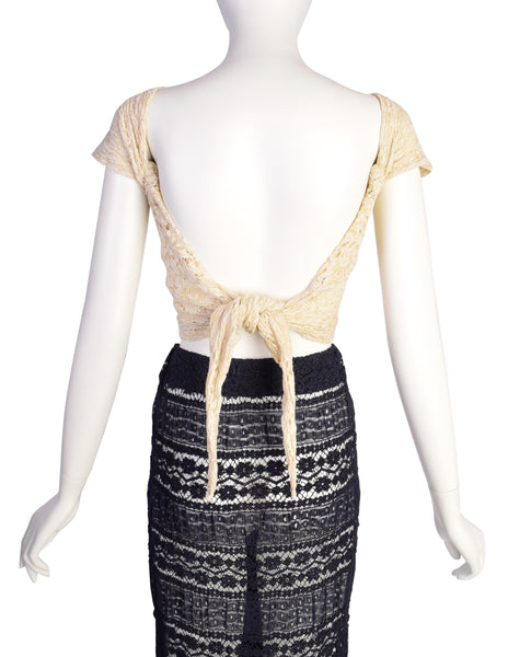 Donna Karan Vintage 1980s Cream and Navy Blue Lace Top and Skirt Ensemble