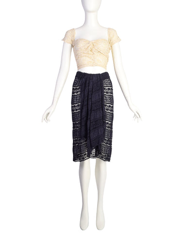 Donna Karan Vintage 1980s Cream and Navy Blue Lace Top and Skirt Ensemble