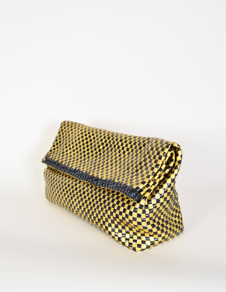 Donna Karan Vintage Metallic Gold Checkerboard Woven Leather Oversized Clutch Bag