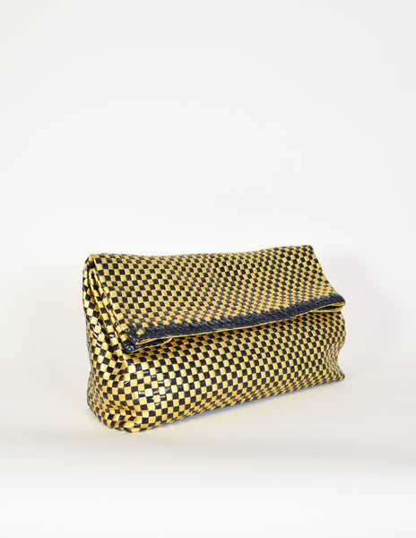 Donna Karan Vintage Metallic Gold Checkerboard Woven Leather Oversized Clutch Bag