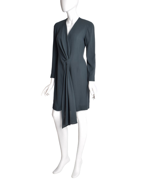 Donna Karan Vintage AW 1990 Slate Grey Deep V Wrap Dress