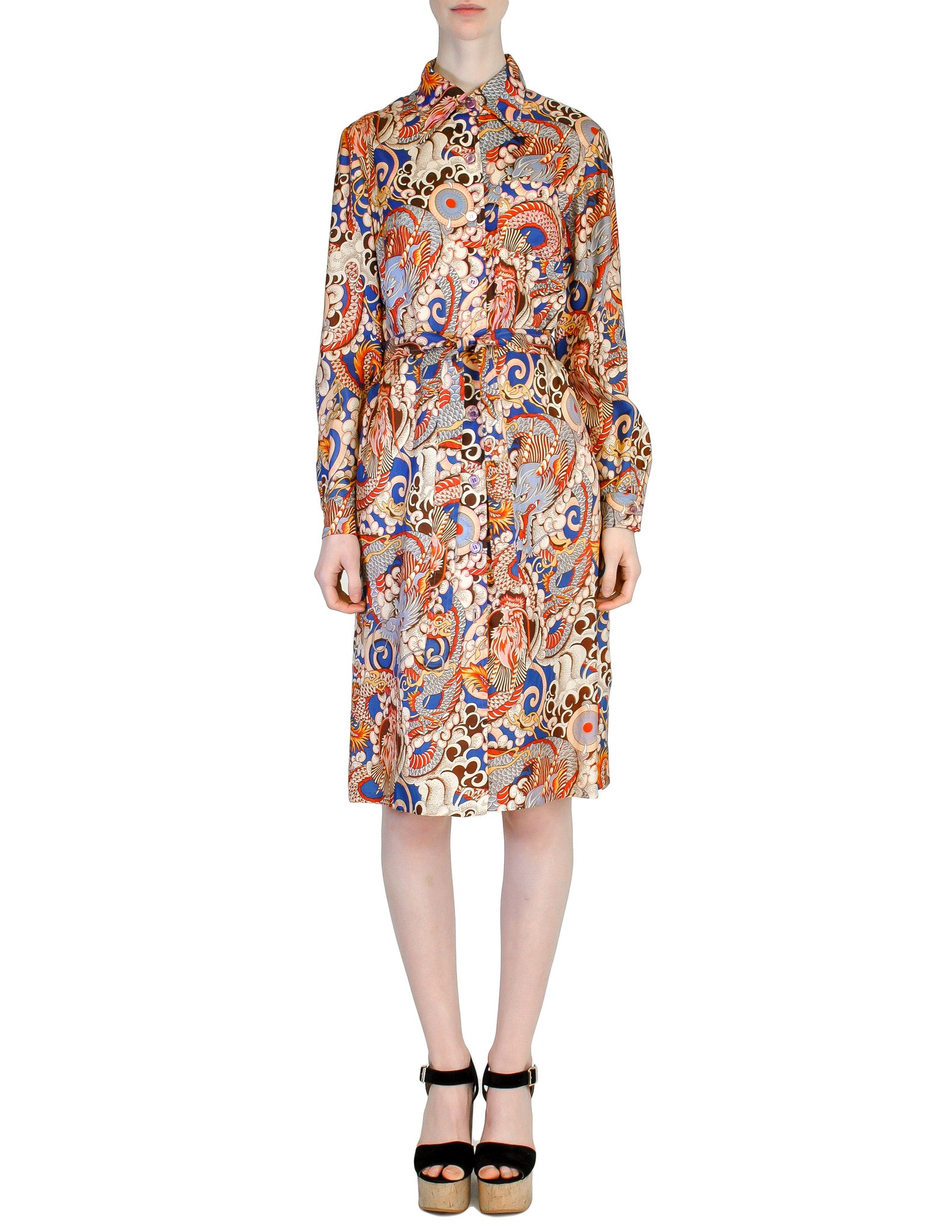 Vintage 1970s Colorful Dragon Print Shirt Dress