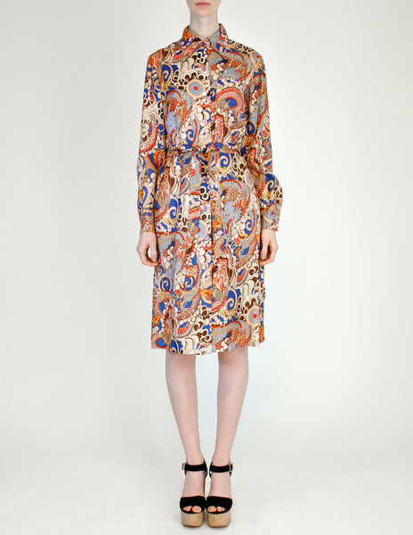 Vintage 1970s Colorful Dragon Print Shirt Dress