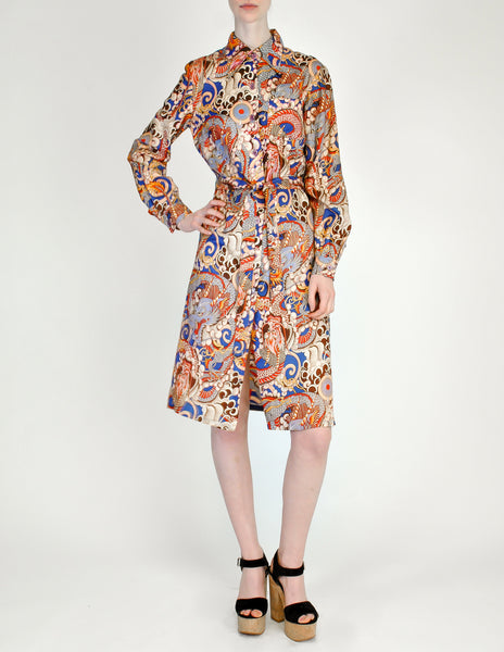Vintage 1970s Colorful Dragon Print Shirt Dress