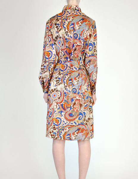 Vintage 1970s Colorful Dragon Print Shirt Dress