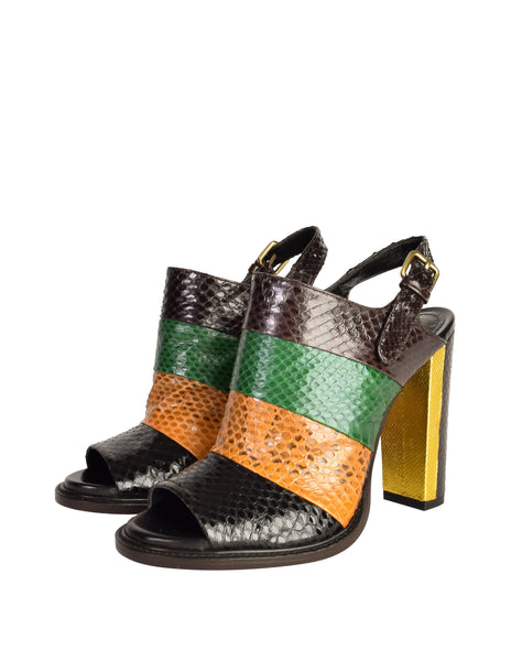 Dries Van Noten Brown Green Black Gold Striped Colorblock Snakeskin Open Toe Heels