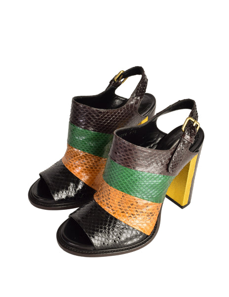 Dries Van Noten Brown Green Black Gold Striped Colorblock Snakeskin Open Toe Heels