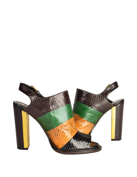 Dries Van Noten Brown Green Black Gold Striped Colorblock Snakeskin Open Toe Heels