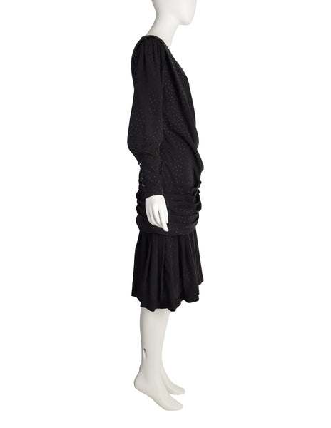 Emanuel Ungaro Vintage 1985 Black Polka Dot Silk Jacquard Draped Dress