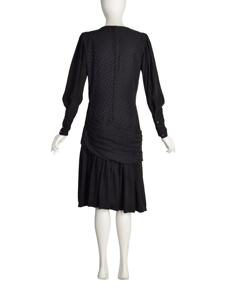 Emanuel Ungaro Vintage 1985 Black Polka Dot Silk Jacquard Draped Dress