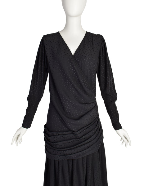 Emanuel Ungaro Vintage 1985 Black Polka Dot Silk Jacquard Draped Dress