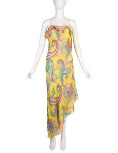 Emanuel Ungaro Vintage SS 2000 Silk Chartreuse Airbrush Paisley Bias Asymmetrical Dress