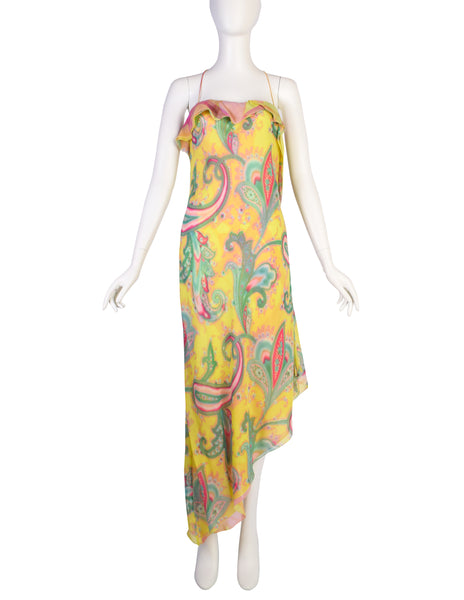 Emanuel Ungaro Vintage SS 2000 Silk Chartreuse Airbrush Paisley Bias Asymmetrical Dress