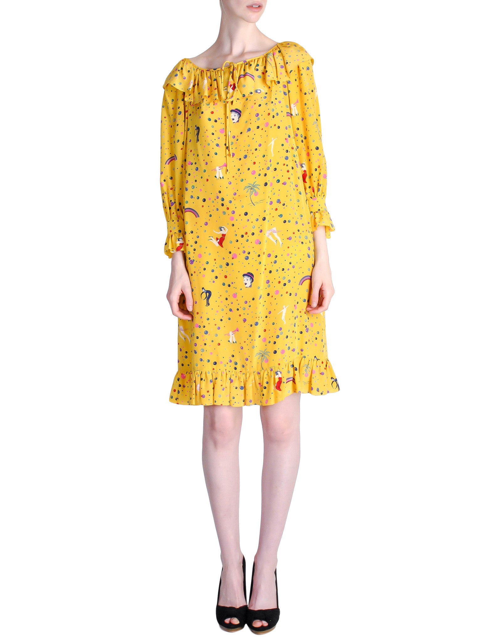 Ungaro Vintage 1970s Bright Yellow Carnival Bubble Print Dress