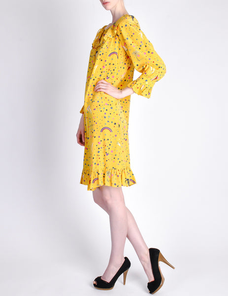 Ungaro Vintage 1970s Bright Yellow Carnival Bubble Print Dress