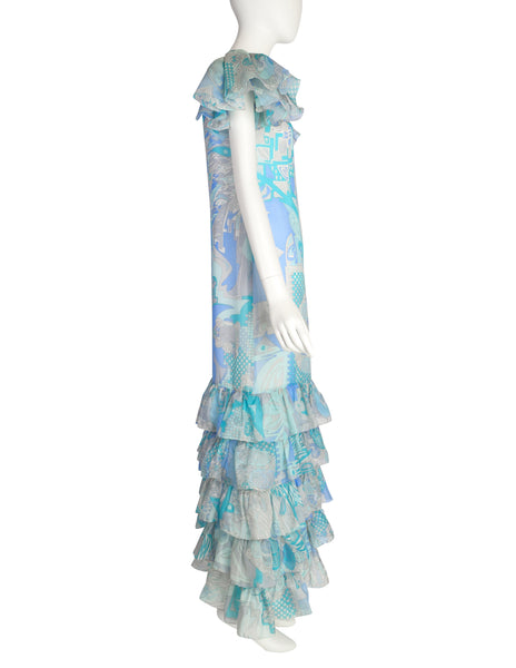 Emilio Pucci Vintage Blue Aqua Grey Psychedelic Print Tiered Ruffle Silk Chiffon Gown Dress