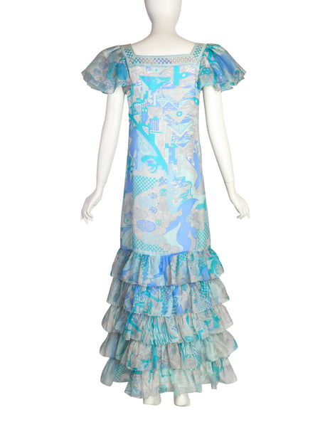 Emilio Pucci Vintage Blue Aqua Grey Psychedelic Print Tiered Ruffle Silk Chiffon Gown Dress