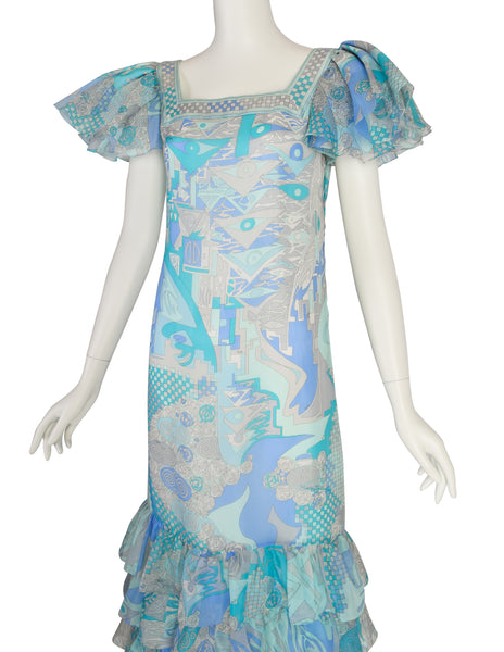Emilio Pucci Vintage Blue Aqua Grey Psychedelic Print Tiered Ruffle Silk Chiffon Gown Dress