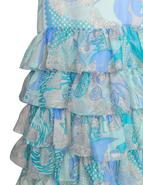 Emilio Pucci Vintage Blue Aqua Grey Psychedelic Print Tiered Ruffle Silk Chiffon Gown Dress
