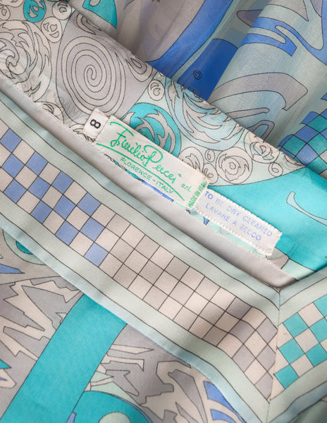 Emilio Pucci Vintage Blue Aqua Grey Psychedelic Print Tiered Ruffle Silk Chiffon Gown Dress