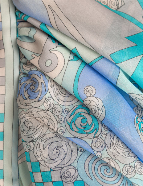 Emilio Pucci Vintage Blue Aqua Grey Psychedelic Print Tiered Ruffle Silk Chiffon Gown Dress