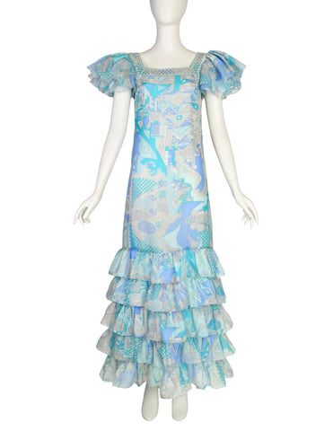 Emilio Pucci Vintage Blue Aqua Grey Psychedelic Print Tiered Ruffle Silk Chiffon Gown Dress