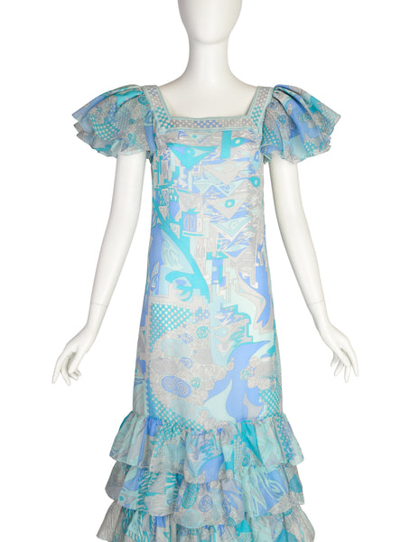 Emilio Pucci Vintage Blue Aqua Grey Psychedelic Print Tiered Ruffle Silk Chiffon Gown Dress