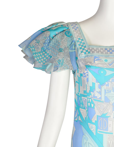 Emilio Pucci Vintage Blue Aqua Grey Psychedelic Print Tiered Ruffle Silk Chiffon Gown Dress