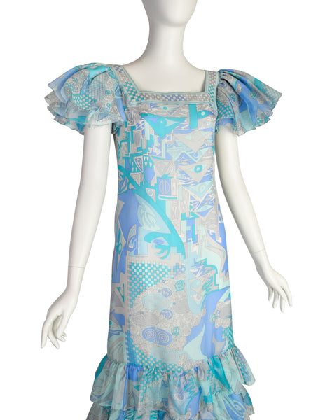 Emilio Pucci Vintage Blue Aqua Grey Psychedelic Print Tiered Ruffle Silk Chiffon Gown Dress
