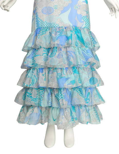 Emilio Pucci Vintage Blue Aqua Grey Psychedelic Print Tiered Ruffle Silk Chiffon Gown Dress