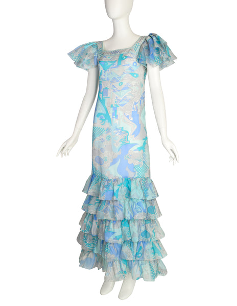 Emilio Pucci Vintage Blue Aqua Grey Psychedelic Print Tiered Ruffle Silk Chiffon Gown Dress