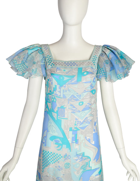 Emilio Pucci Vintage Blue Aqua Grey Psychedelic Print Tiered Ruffle Silk Chiffon Gown Dress