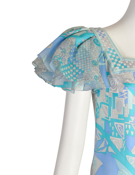Emilio Pucci Vintage Blue Aqua Grey Psychedelic Print Tiered Ruffle Silk Chiffon Gown Dress