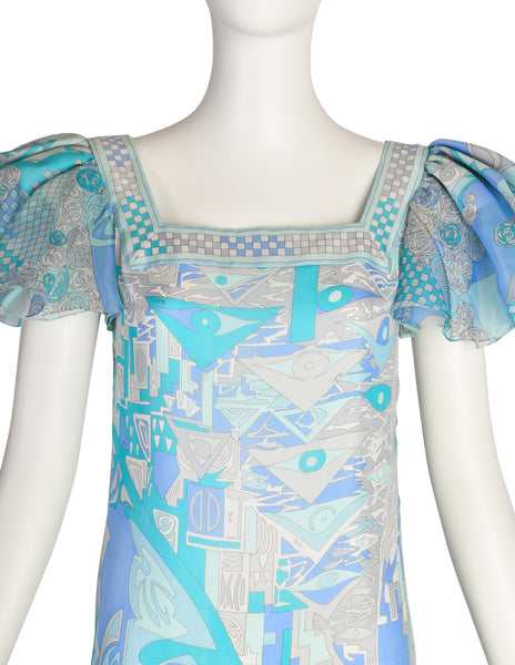 Emilio Pucci Vintage Blue Aqua Grey Psychedelic Print Tiered Ruffle Silk Chiffon Gown Dress
