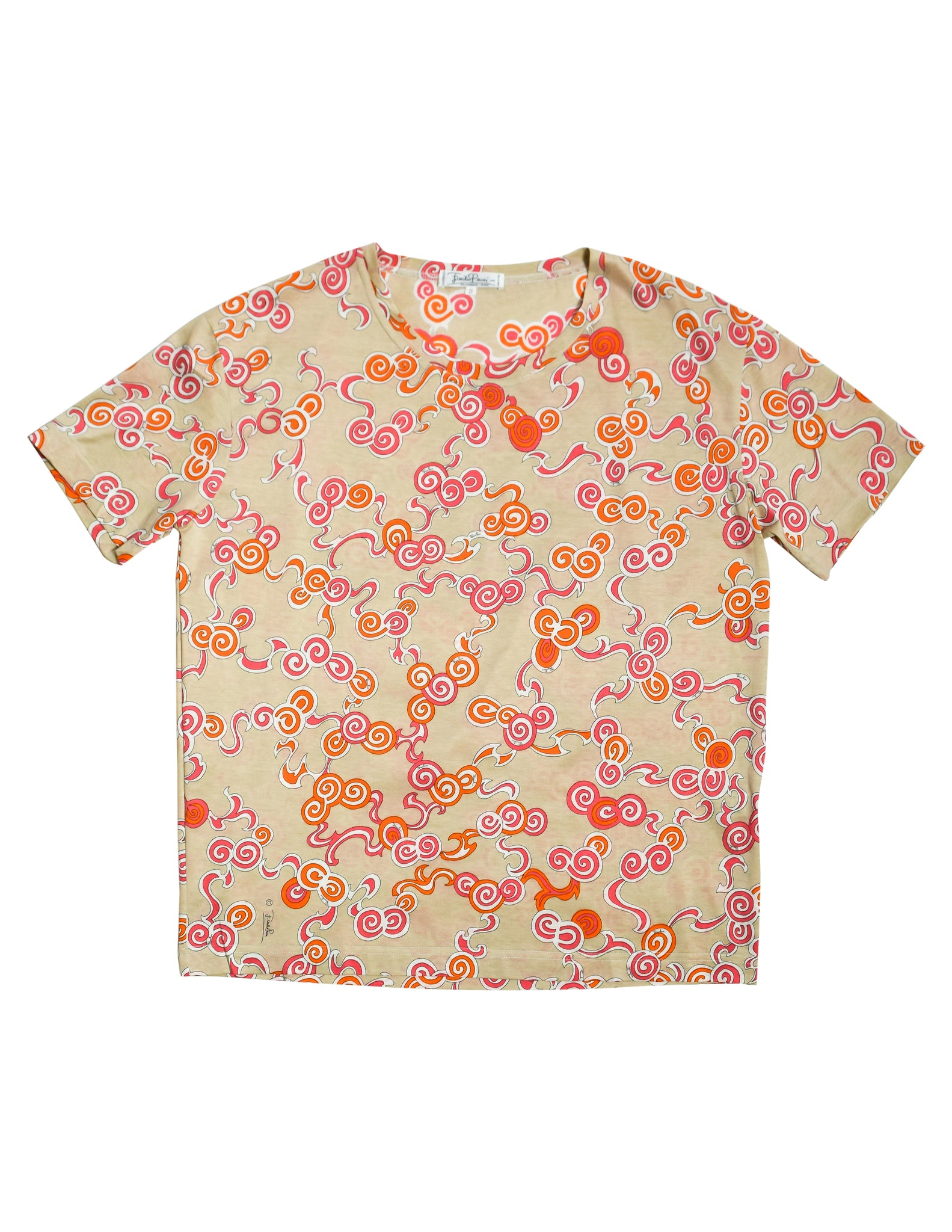 Emilio Pucci Vintage 1980s Beige Orange Swirl Print T-Shirt