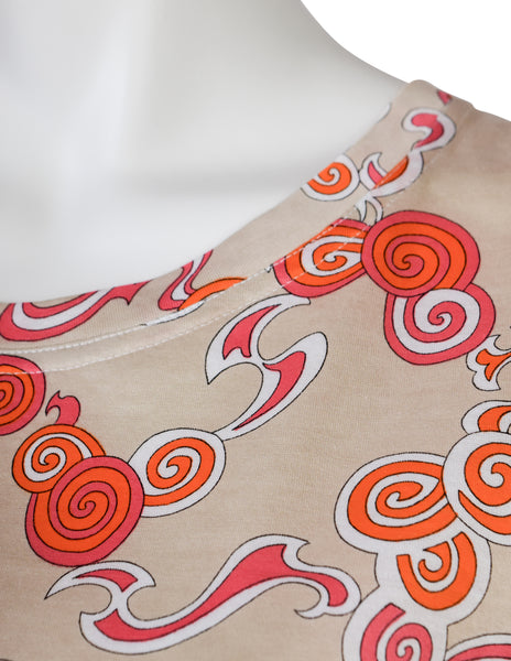 Emilio Pucci Vintage 1980s Beige Orange Swirl Print T-Shirt