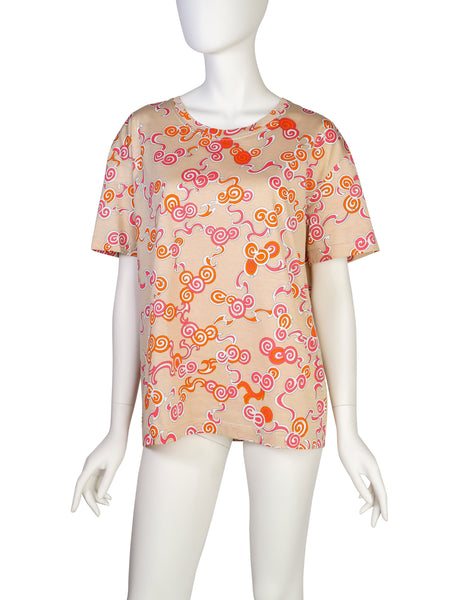 Emilio Pucci Vintage 1980s Beige Orange Swirl Print T-Shirt