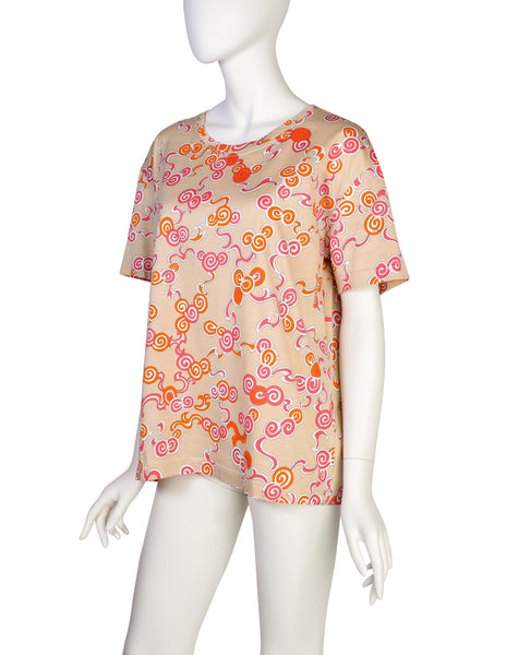Emilio Pucci Vintage 1980s Beige Orange Swirl Print T-Shirt