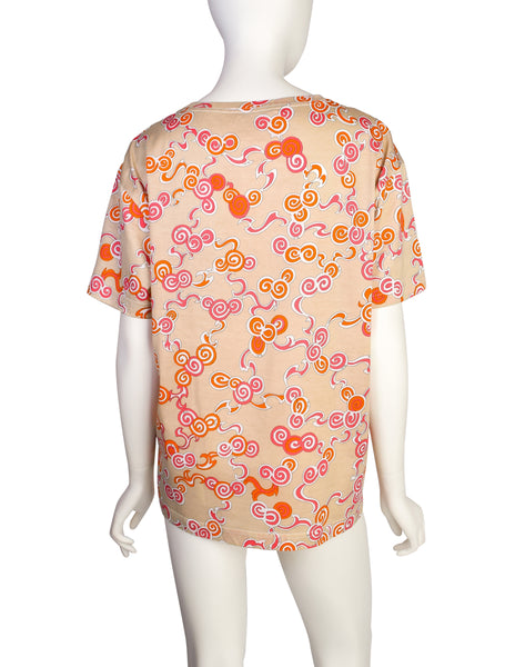 Emilio Pucci Vintage 1980s Beige Orange Swirl Print T-Shirt