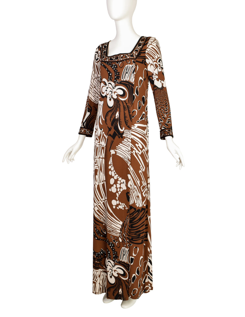 Emilio Pucci Vintage 1960s Brown Black Psychedelic Floral Print Silk Jersey Column Dress