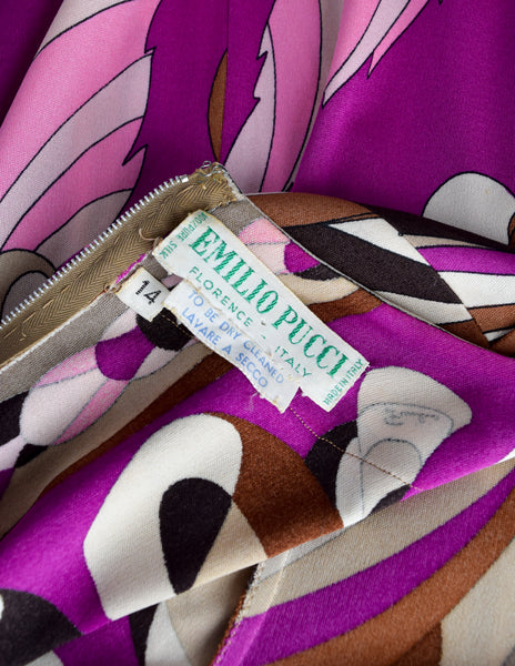 Emilio Pucci Vintage 1960s Fuchsia Brown Psychedelic Floral Silk Jersey Dress