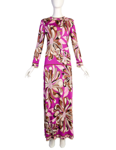 Emilio Pucci Vintage 1960s Fuchsia Brown Psychedelic Floral Silk Jersey Dress