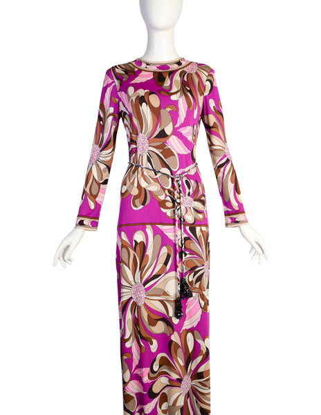 Emilio Pucci Vintage 1960s Fuchsia Brown Psychedelic Floral Silk Jersey Dress