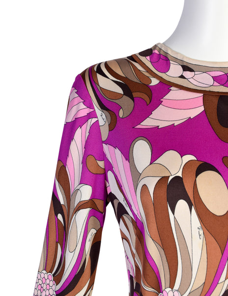 Emilio Pucci Vintage 1960s Fuchsia Brown Psychedelic Floral Silk Jersey Dress