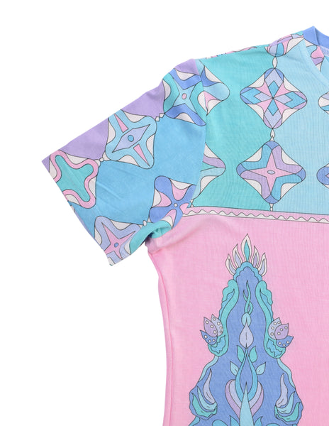Emilio Pucci Vintage Pastel Blue Pink Multicolor Graphic Print Jersey T-Shirt